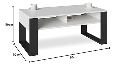 Artisan Coffee Table, Retro Loft Bench, Open Double Shelf, Skate Legs, Ideal for Coffee Get-Togethers, Laminated Top, Large Surface, Guaranteed Stability, White 3