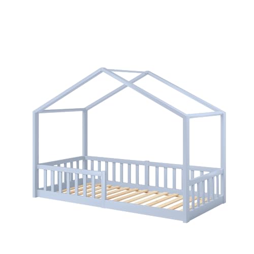 Bellabino Bia Children’s Bed, 90 x 200 cm, Children’s House Bed incl. Fall Protection and Rolled Slatted Frame, Montessori Floor Bed, White, Solid Pine Wood