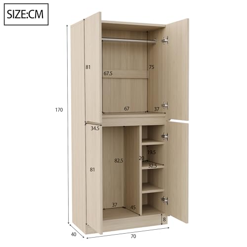 RIAZOS Wardrobe with Storage Cupboard, Double Door Design, with 1 Clothes Rail, 5 Compartments, for Bedroom, Living Room, Children's Room, 70 x 40 x 170 cm, White