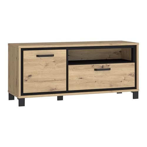 Forte TREBBIA TV Cabinet 150 160 Modern Cabinet with 2 Drawers Lowboard TV Rack Wood Composite Concrete Look Dark Grey/White High Gloss 152.7 cm Wide x 46.7 cm High x 51.7 cm Deep