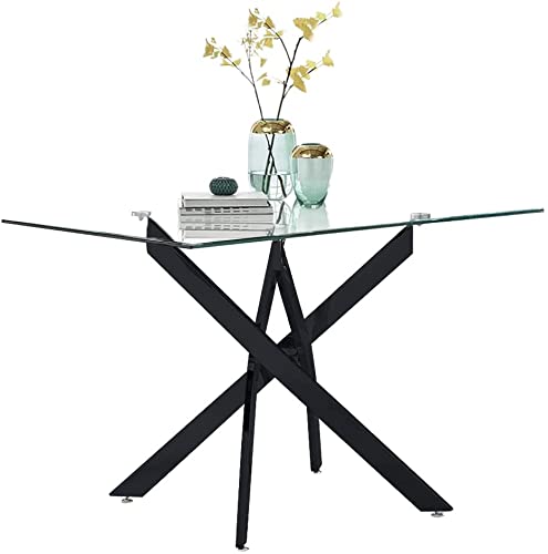 GOLDFAN Glas Esstisch Küchentisch Glastisch Silberne Metalltischbeine Moderner Stil Quadratischen Tisch für Büro Küche 110cm