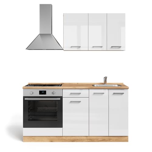 Vicco Single Kitchen R-Line Black High Gloss / White 160 cm with Hob Cabinet without Worktop