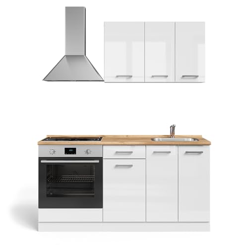 Vicco Single Kitchen R-Line Black High Gloss / White 160 cm with Hob Cabinet without Worktop
