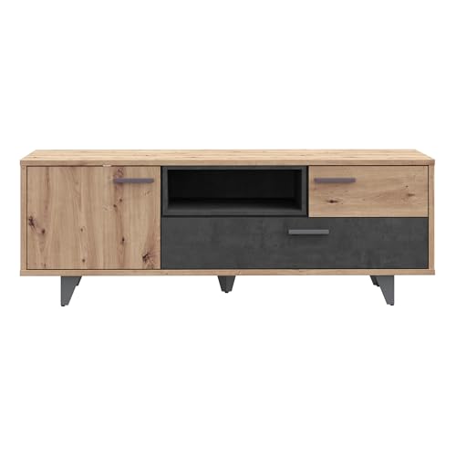 Forte TREBBIA TV Cabinet 150 160 Modern Cabinet with 2 Drawers Lowboard TV Rack Wood Composite Concrete Look Dark Grey/White High Gloss 152.7 cm Wide x 46.7 cm High x 51.7 cm Deep