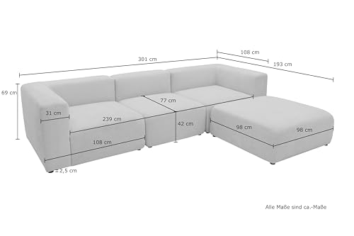 DOMO. collection Adrian Modular Sofa, 3-Seater Made of 2 x Corner Chairs and 1 x Chair, Big Sofa, Module Couch, 3 Upholstery Elements, 3-Seater Couch, 301 x 108 x 69 cm (W x D x H), Cream