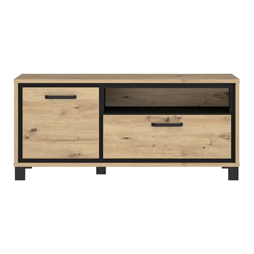 Forte TREBBIA TV Cabinet 150 160 Modern Cabinet with 2 Drawers Lowboard TV Rack Wood Composite Concrete Look Dark Grey/White High Gloss 152.7 cm Wide x 46.7 cm High x 51.7 cm Deep