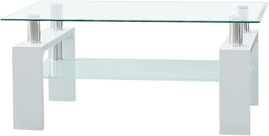 CLIPOP Rectangular Coffee Table Made of Tempered Glass, Living Room Table, Modern Sofa Table with Storage Space, Coffee Table, Glass Table with Lower Shelf for Living Room, Balcony, Bedroom, 100 x 60