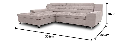 DOMO. collection Merida Corner Sofa, Sofa with Sleep Function in L-Shape, Corner Couch with Bed Box, Sofa Bed 304 x 200 x 84 cm (W x D x H), Beige