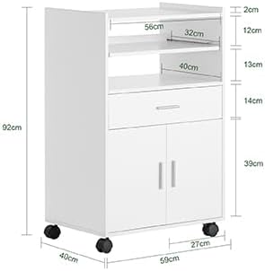 SoBuy® FSB09-W Kitchen Cupboard, Kitchen Trolley, Rolling Cabinet, Drinks Trolley, Microwave Cabinet with One Sliding Shelf, White W x H x D approx. 59 x 92 x 40 cm