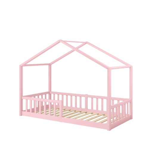 Bellabino Bia Children’s Bed, 90 x 200 cm, Children’s House Bed incl. Fall Protection and Rolled Slatted Frame, Montessori Floor Bed, White, Solid Pine Wood
