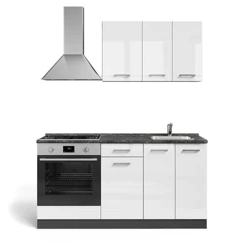Vicco Single Kitchen R-Line Black High Gloss / White 160 cm with Hob Cabinet without Worktop