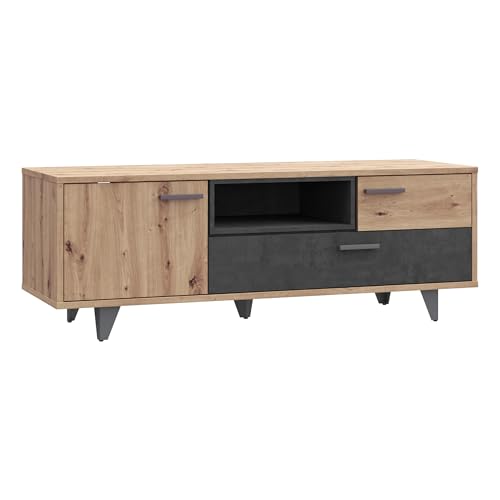 Forte TREBBIA TV Cabinet 150 160 Modern Cabinet with 2 Drawers Lowboard TV Rack Wood Composite Concrete Look Dark Grey/White High Gloss 152.7 cm Wide x 46.7 cm High x 51.7 cm Deep