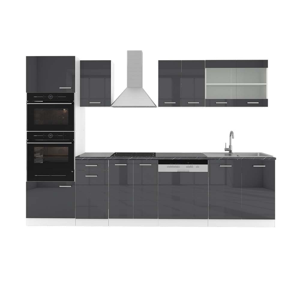 Vicco R-Line Kitchen Unit, High-Gloss Anthracite/White, 300 cm with Tall Cabinet, without Worktop