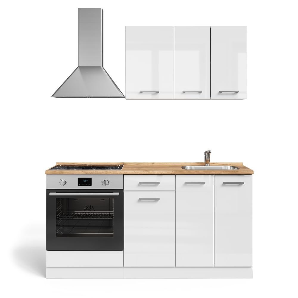 Vicco Single Kitchen R-Line Black High Gloss / White 160 cm with Hob Cabinet without Worktop
