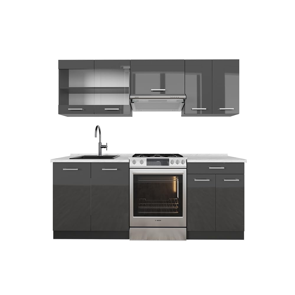 Vicco R-Line Kitchen Unit, White High-Gloss / Anthracite, 200 cm without Worktop