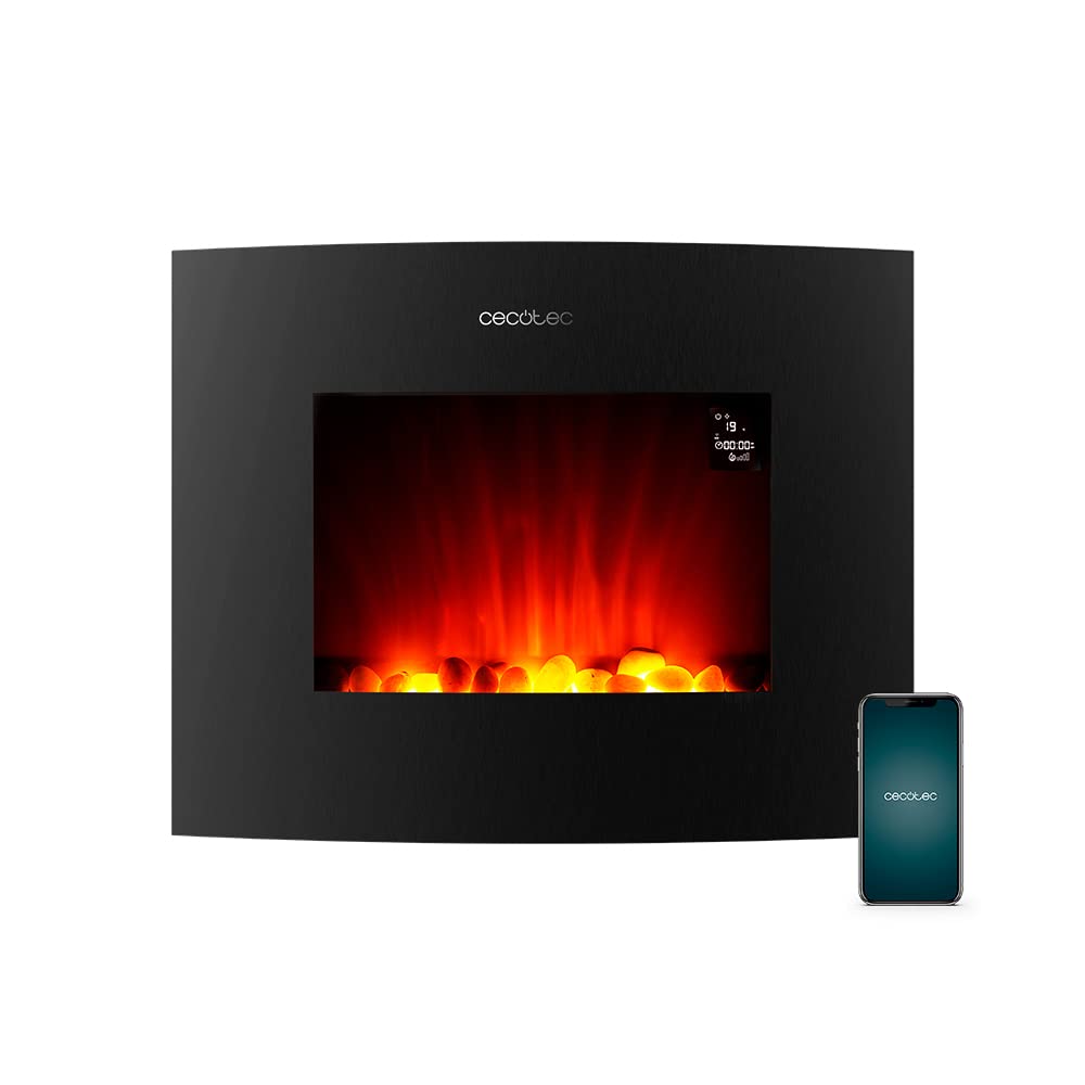 Cecotec Ready Warm 2200 Curved Flames Electric Fireplace with Remote Control, 22 Inch, 2000 W with 2 Power Levels, Curved Tempered Glass Scoreboard, 2 LED Lights, 20 m2