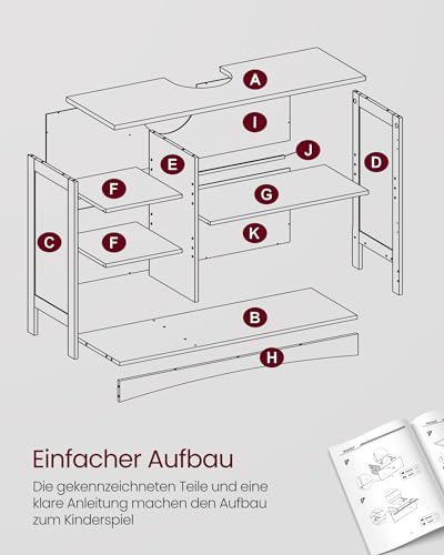 VASAGLE BBC410P31 Vanity Unit Extra Long 30 x 90 x 60 cm 2 Doors Bathroom Cabinet Open Compartments Height Adjustable Shelves White