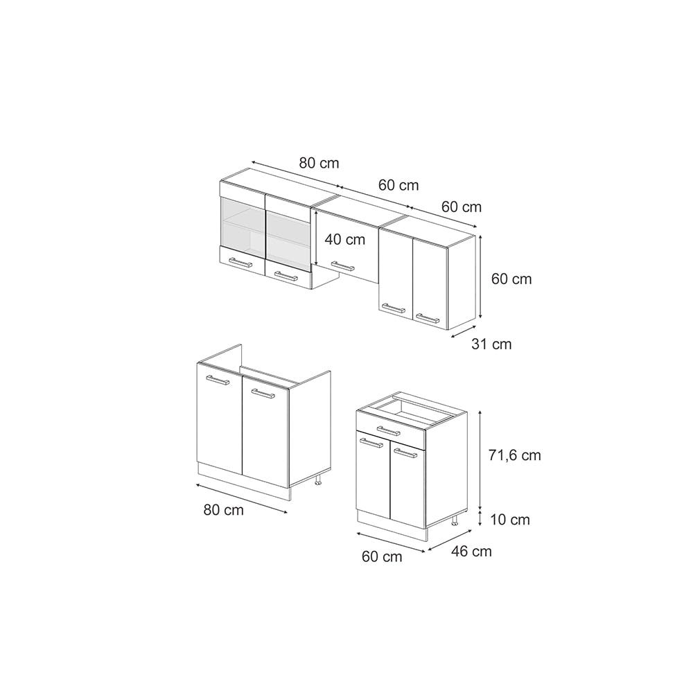 Vicco R-Line Kitchen Unit, White High-Gloss / Anthracite, 200 cm without Worktop