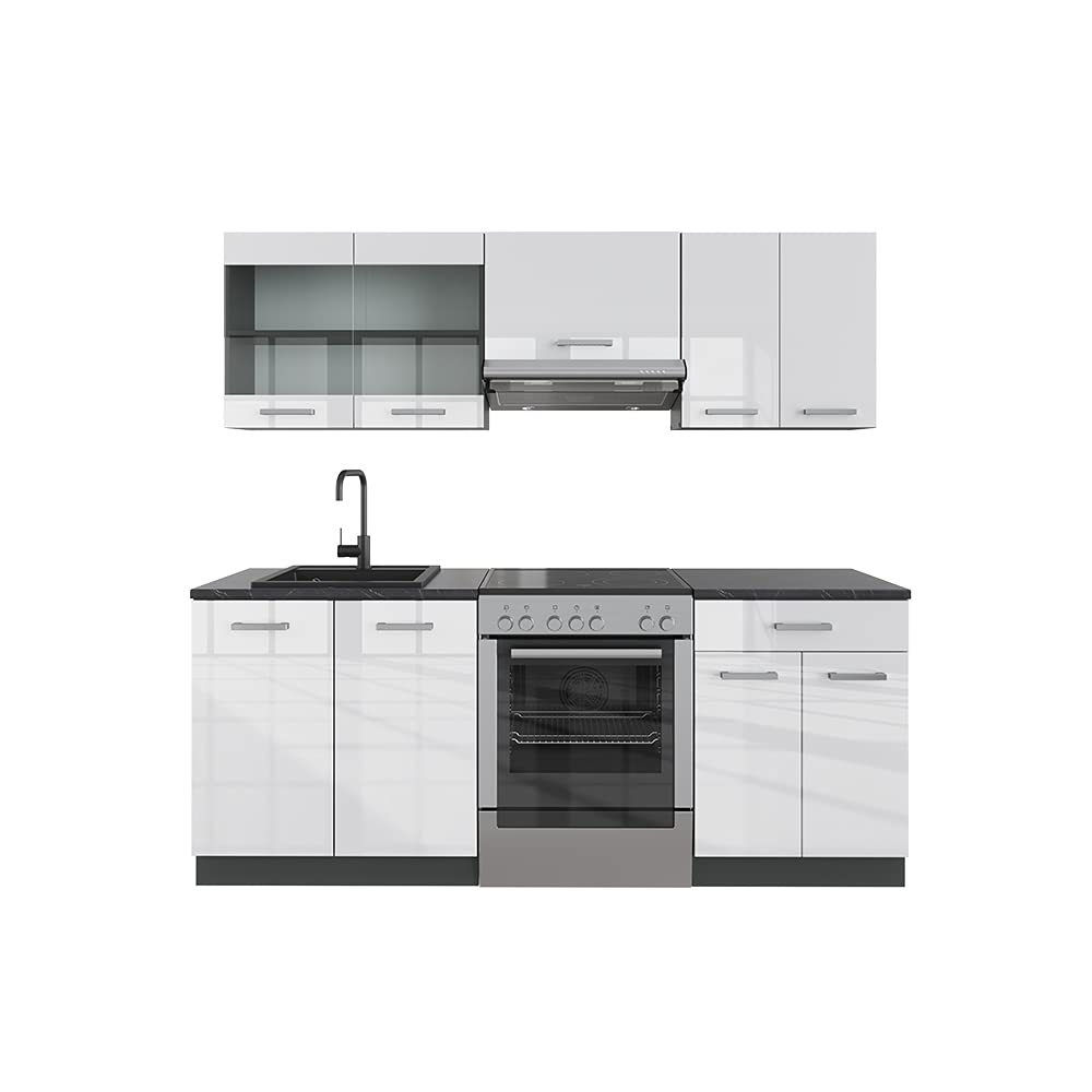 Vicco R-Line Kitchen Unit, White High-Gloss / Anthracite, 200 cm without Worktop