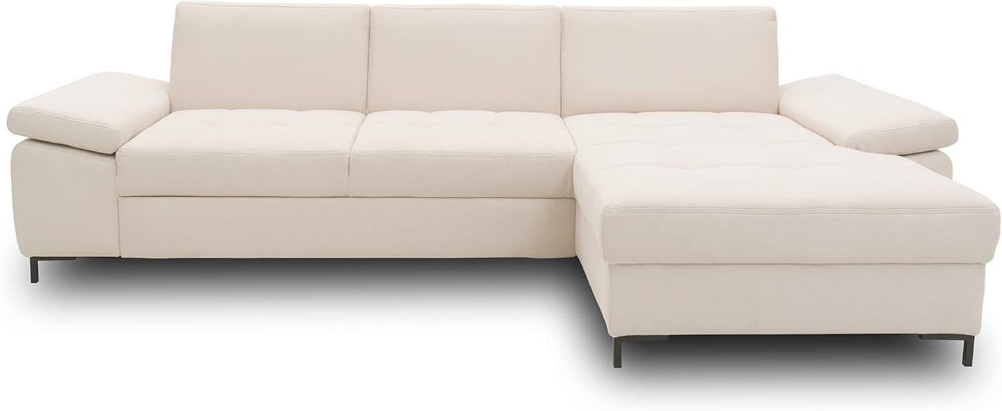 DOMO. collection Curacao Corner Sofa, Sofa Bed with Spring Core and Armrest Function in L-Shape, Couch with Sleep Function, Sofa, Upholstered Corner 297 x 160 x 84 cm (W x D x H), Cream