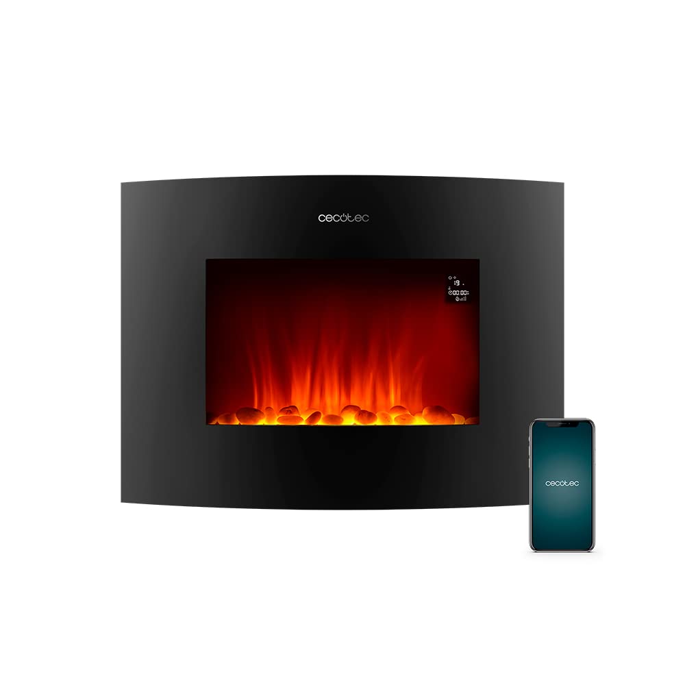 Cecotec Ready Warm 2200 Curved Flames Electric Fireplace with Remote Control, 22 Inch, 2000 W with 2 Power Levels, Curved Tempered Glass Scoreboard, 2 LED Lights, 20 m2