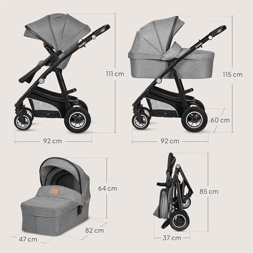 LIONELO Bianka Pushchair 3-in-1 up to 22 kg Baby Carrycot Car Seat Foldable Travel System Adjustment of the Backrest Wheels 360o Shock Absorber Hood XXL