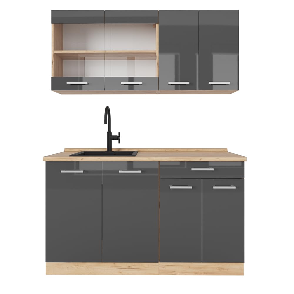 Vicco Single Kitchen R-Line, Black High Gloss / Gold Kraft Oak 140 cm, without Worktop