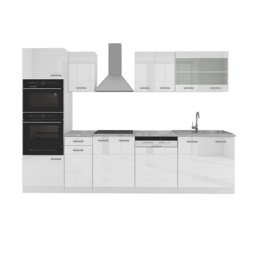 Vicco R-Line Kitchen Unit, High-Gloss Anthracite/White, 300 cm with Tall Cabinet, without Worktop