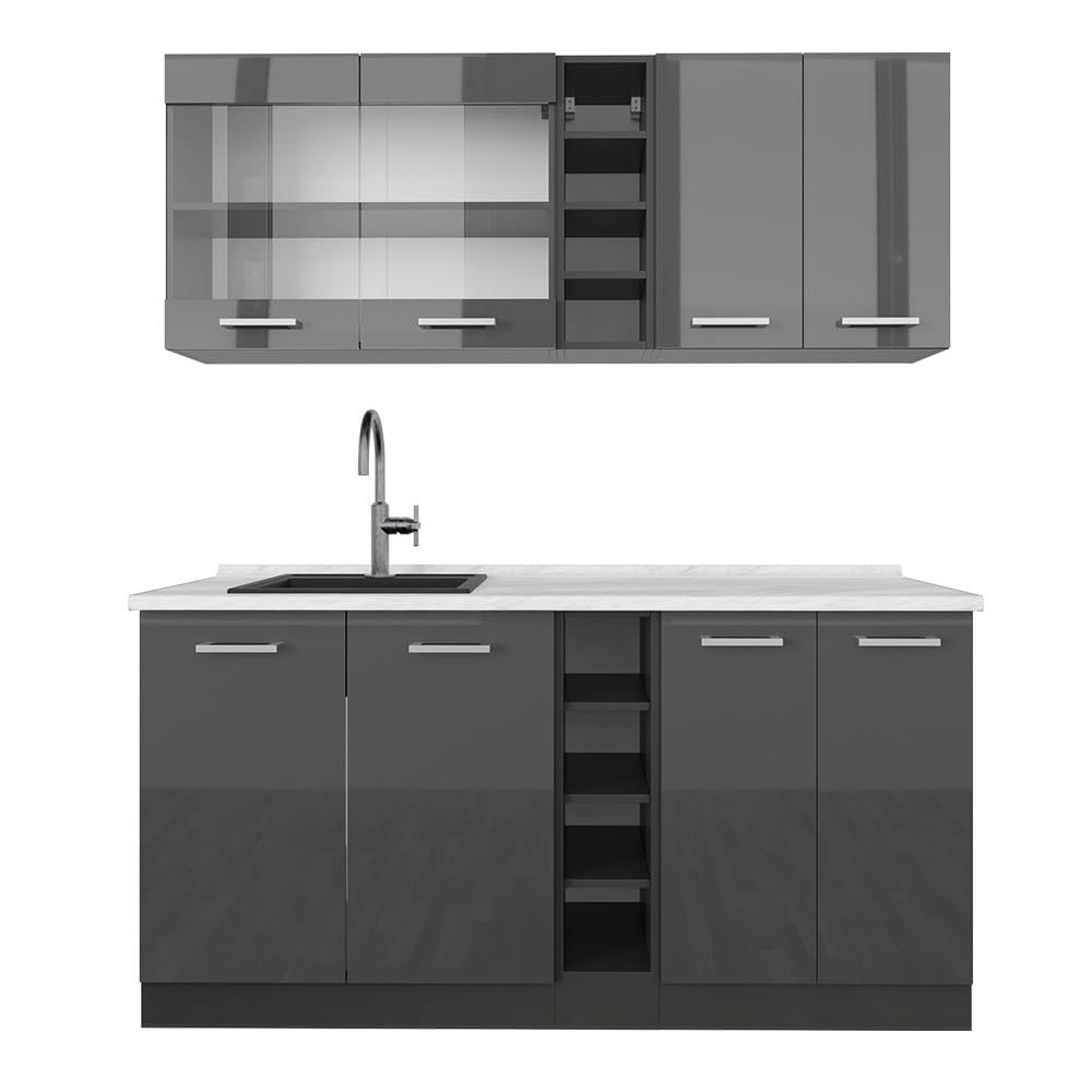 Vicco Single Kitchen R-Line White High Gloss / Anthracite 160 cm without Worktop