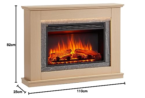 BALDERIA Alexios Electric Fireplace with Heater, 1000/2000 W, Realistic 3D Flame Effect, LED Lighting, Programmable Remote Control, Timer, Thermostat, Light Brown