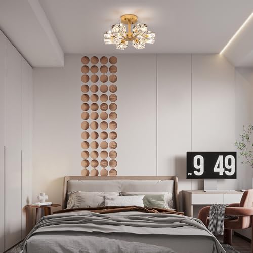 Modern Kistall Semi-Flush Ceiling Light Living Room, 8 Lights, Gold Crystal Chandelier, Semi-Flush Crystal Chandelier, Luxury Ceiling Light for Bedroom, Dining Room