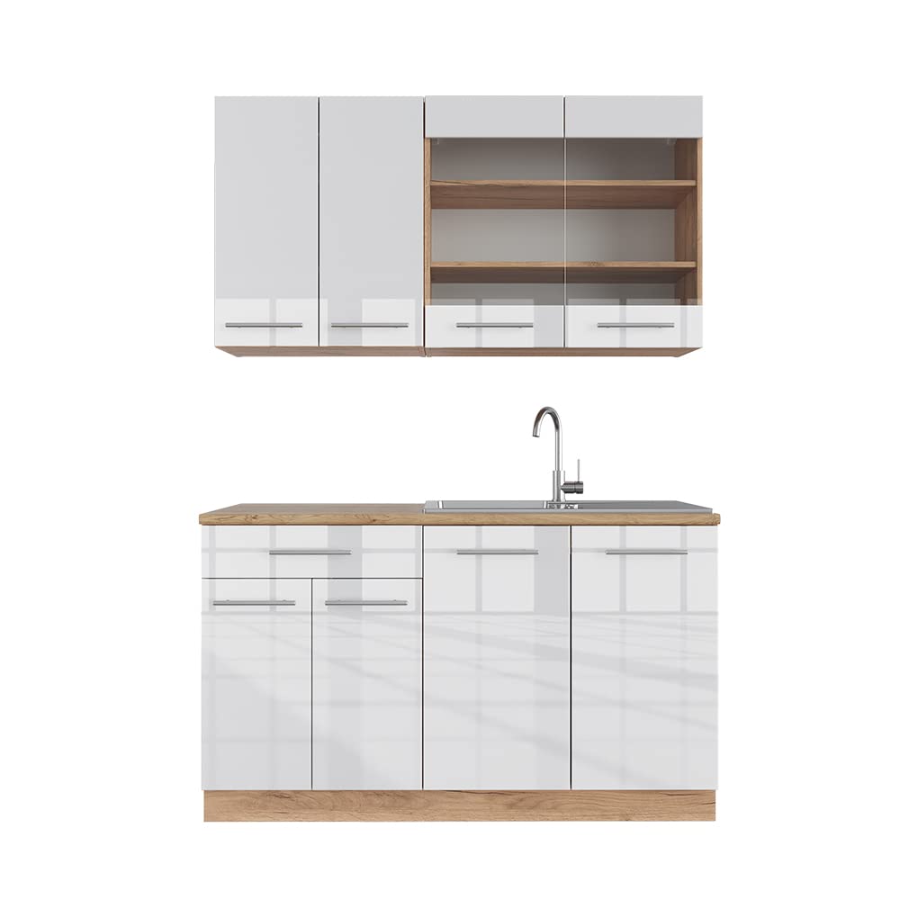 Vicco Kitchen Unit, Kitchen Block, Fitted Kitchen, Fame-Line, Single, Country House, 140 cm, Modern Kitchen Cabinets, Sink Cabinets, Drawers Cabinet Base, Wall Cupboard, Wall Glass Cabinet (Oak, Anthracite, Gold)