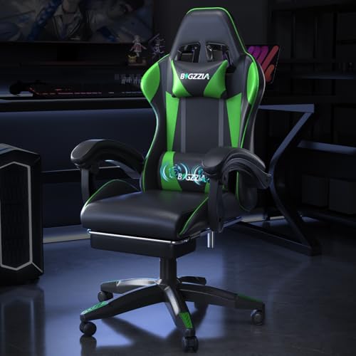 bigzzia Gaming Stuhl mit Massagefunktion und Fußstütze, Ergonomischer Gaming Chair Verstellbare Rückenlehne 90-135°, Gaming Sessel mit Massage-Lendenkissen und Kopfstütze, Gamer Stuhl, Schwarz
