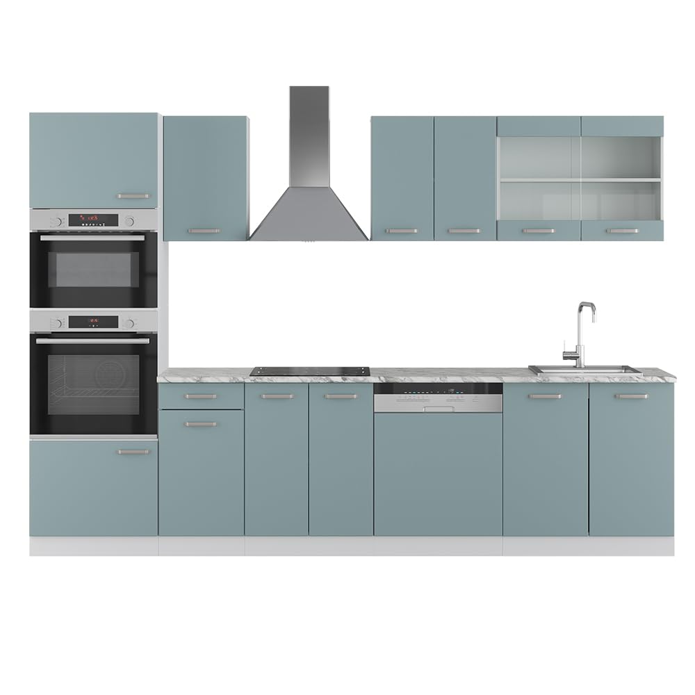 Vicco R-Line Kitchen Unit, High-Gloss Anthracite/White, 300 cm with Tall Cabinet, without Worktop