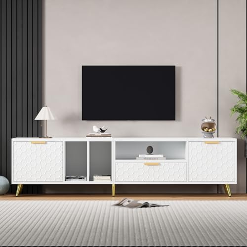 TV Cabinet with 3 Drawers, TV Table with Golden Handles and Legs, Modern TV Stand for TVs up to 75 Inches, Rounded Corners, TV Cabinet for Living Room, 174 x 35 x 41 cm, White