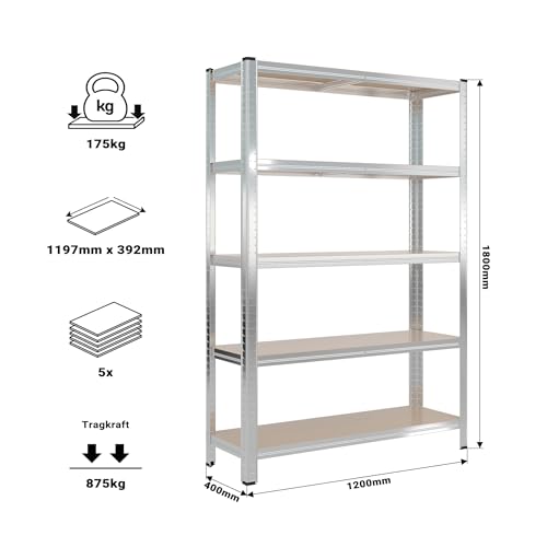 Wiltec Heavy Duty Shelving Unit 160 x 60 x 180 cm, 175 kg Shelf, Galvanised Steel, Load Shelving Unit with 4 Shelves, Workshop Shelving