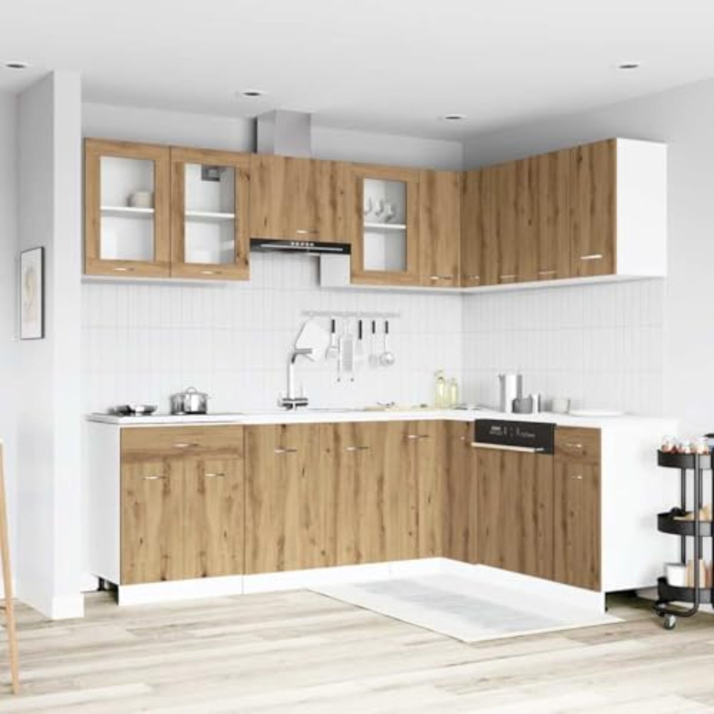 ACAGALA 11-Piece Kitchen Cabinet Set, Corner Kitchen, Kitchen Unit, Adjustable Kitchen Unit, L-Shaped Kitchen Unit, White Wood Material, Kitchen Complete Without Worktop, Kitchen Cabinet, Wall