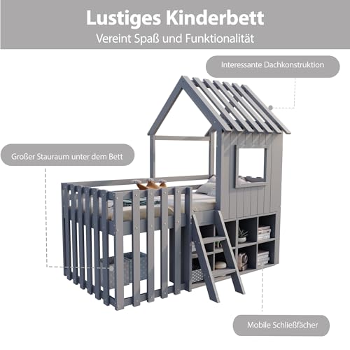 Children's Bed, House Bed 90 x 200 cm, Children's Bed Frame with Roof and Window, with Open Storage Space, with Climbing Ladder, Slatted Frame, Solid Wood Bed, Wooden Bed without Mattress (White)
