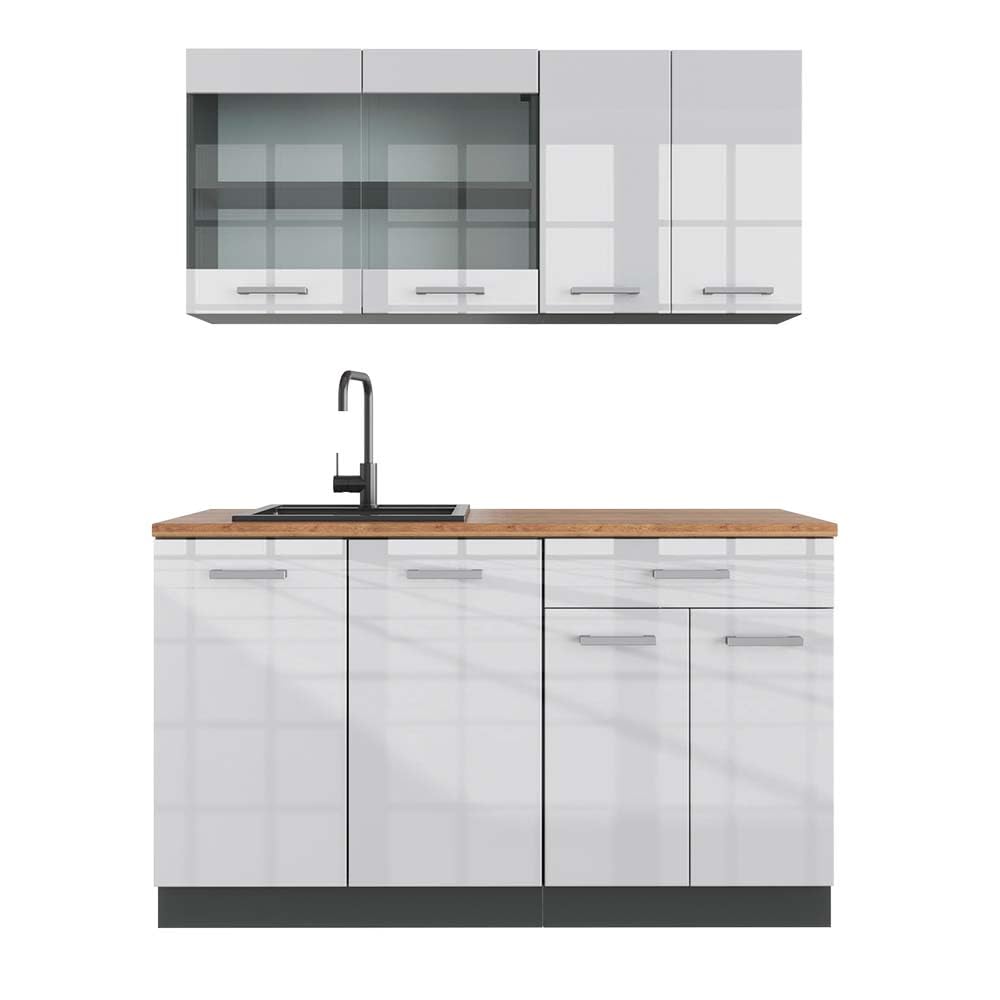 Vicco Single Kitchen R-Line, White High Gloss / Anthracite, 140 cm without Worktop