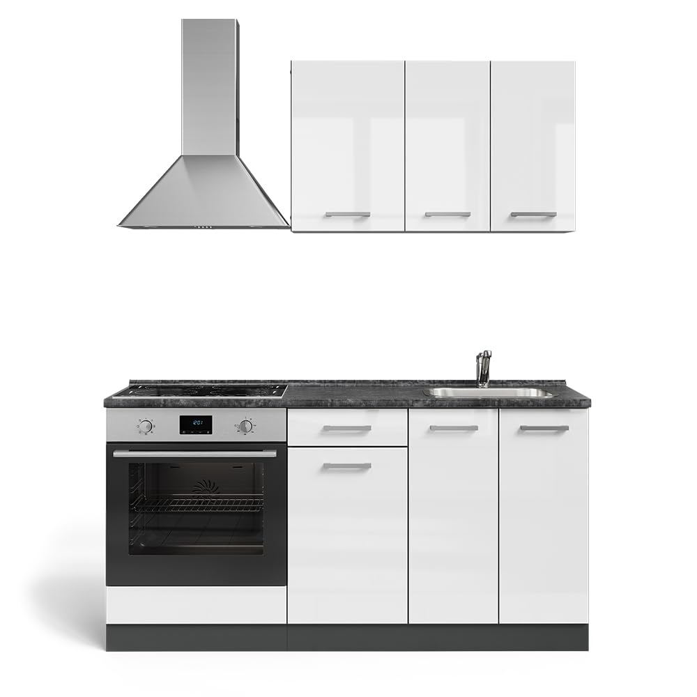 Vicco Single Kitchen R-Line Black High Gloss / White 160 cm with Hob Cabinet without Worktop