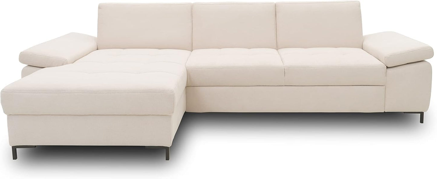 DOMO. collection Curacao Corner Sofa, Sofa Bed with Spring Core and Armrest Function in L-Shape, Couch with Sleep Function, Sofa, Upholstered Corner 297 x 160 x 84 cm (W x D x H), Cream
