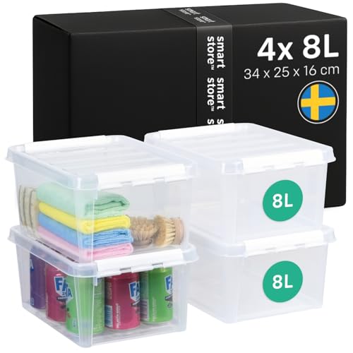 SmartStore Storage Box with Lid, 14 Litres, Pack of 4, Reinforced, Large, Transparent, Food Safe, with Clip Closure, Stackable, BPA-Free Plastic, 40 x 30 x 18 cm (L x W x H)