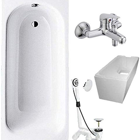 Bathtub 4-in-1 Complete Set Steel Rectangular Tub 160 x 70 cm White with Bath Bracket, Drain Fitting and Wall Fitting
