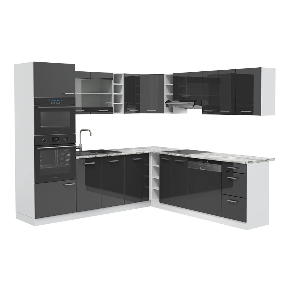 Vicco R-Line Fitted Kitchen Cabinets Country House Kitchen Furniture (White, Corner 247 x 237 cm)