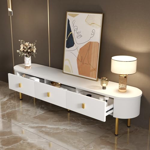 TV Cabinet with 3 Drawers, TV Table with Golden Handles and Legs, Modern TV Stand for TVs up to 75 Inches, Rounded Corners, TV Cabinet for Living Room, 174 x 35 x 41 cm, White