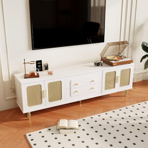 TV Cabinet with 3 Drawers, TV Table with Golden Handles and Legs, Modern TV Stand for TVs up to 75 Inches, Rounded Corners, TV Cabinet for Living Room, 174 x 35 x 41 cm, White