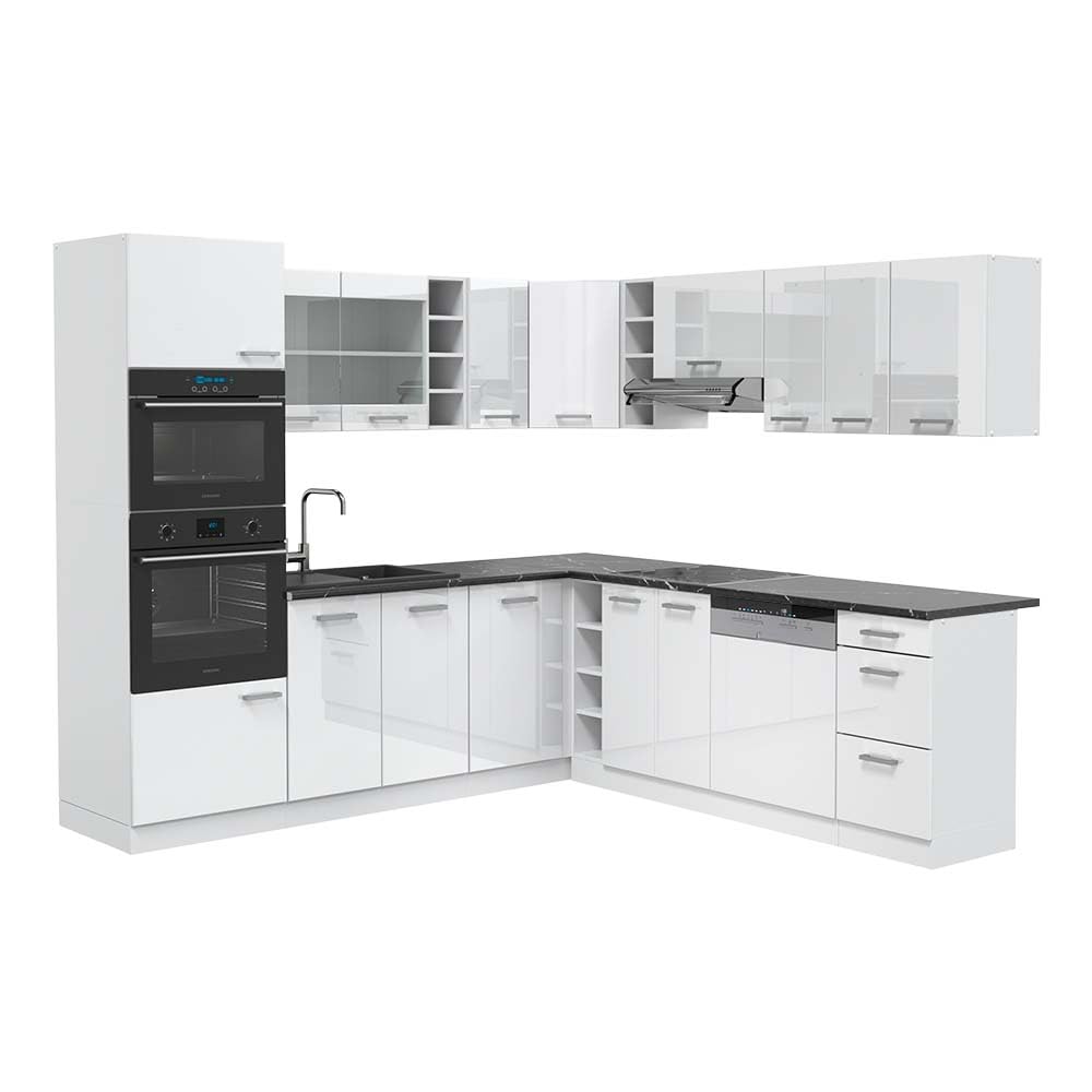 Vicco R-Line Fitted Kitchen Cabinets Country House Kitchen Furniture (White, Corner 247 x 237 cm)
