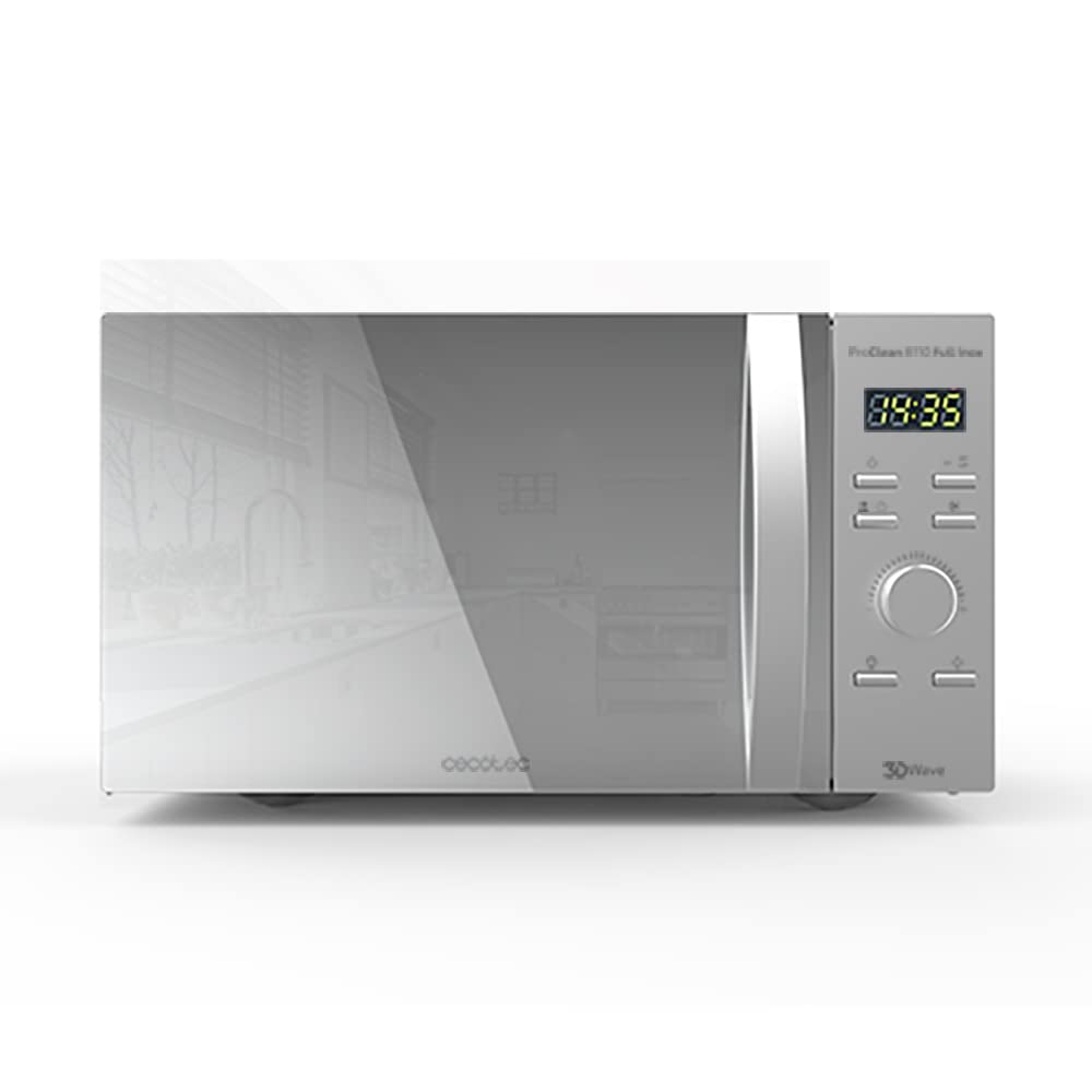 Cecotec Microwave Pro Clean 6110. 800 W, Grill 1000 W, 23 L, Ready 2 Clean Coating, 3D Wave Front Mirror, 8 Programmes, 100 Minute Timer, LED, Stainless Steel in Black / Silver