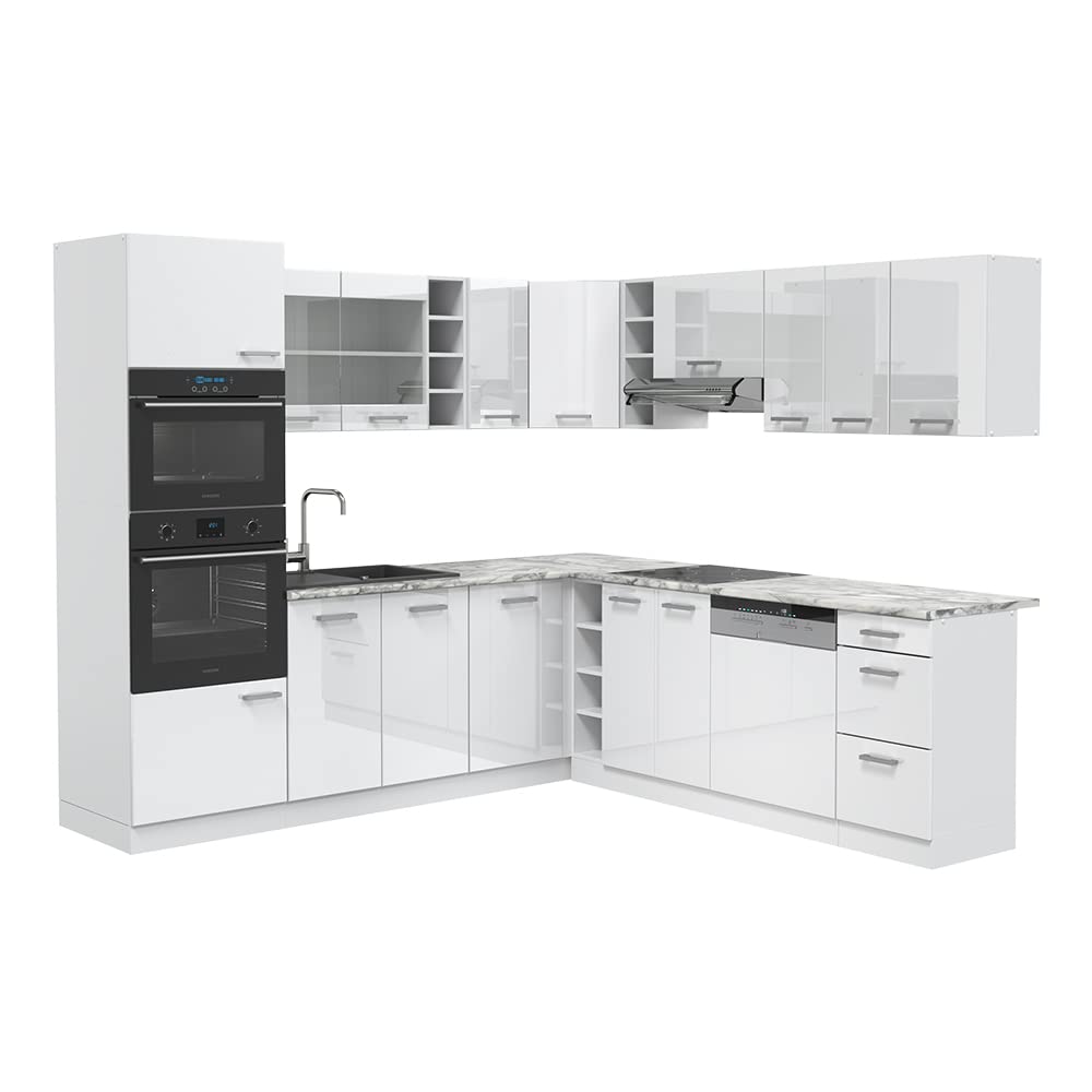 Vicco R-Line Fitted Kitchen Cabinets Country House Kitchen Furniture (White, Corner 247 x 237 cm)
