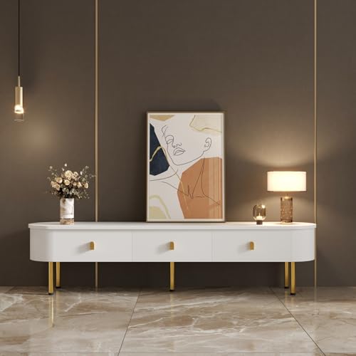 TV Cabinet with 3 Drawers, TV Table with Golden Handles and Legs, Modern TV Stand for TVs up to 75 Inches, Rounded Corners, TV Cabinet for Living Room, 174 x 35 x 41 cm, White